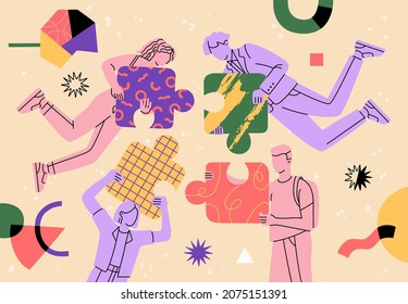 Die Menschen fliegen in abstraktem Raum und verbinden große Puzzleteile. Teambuilding und Teamwork Konzept. Unternehmenspartnerschaft und Zusammenarbeit. Handgezeichnete Vektorgrafik. Flacher Cartoon-Stil.