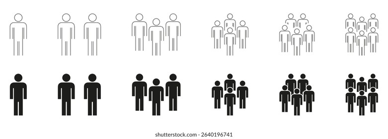 People Group Formation Icon Set. Social Interaction, Community Building, And Teamwork Outline And Silhouette Symbol Collection. Human Figures In Various Group Sizes. Isolated Vector Illustration.