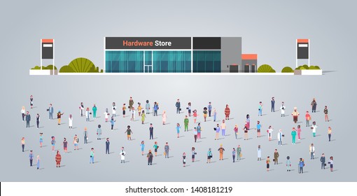 people group in front of hardware store building different occupation employees mix race workers crowd illustration