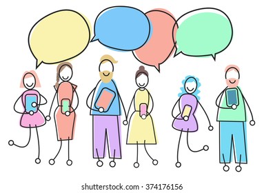People Group With Gadget Chat Box Social Network Communication Concept Vector Illustration