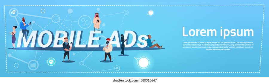 People Group With Gadgets Mobile ADs Social Network Communication Concept Flat Vector Illustration