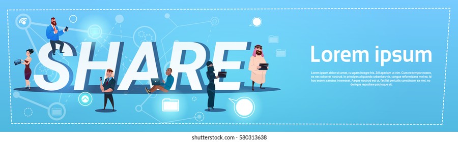 People Group With Gadgets Share Data Social Network Communication Concept Flat Vector Illustration
