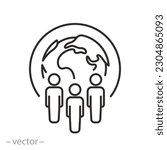 people group with globe icon, community of different nationalities, world coalition, thin line symbol on white background - editable stroke vector illustration eps10