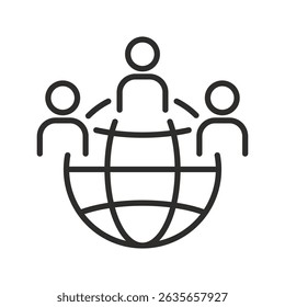 Grupo de pessoas com ícone de globo. Ilustração de vetor linear. Comunidade de diferentes nacionalidades. Símbolos simples. População da Terra.