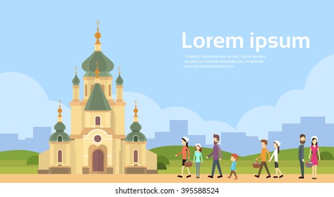 People Group Go To Church Chapel Building Copy Space Flat Vector Illustration