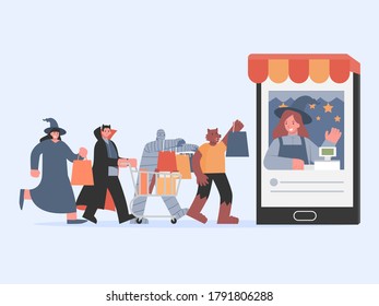 People group in Halloween fancy clothes with shopping bag walking to the cashier in smartphone. vampire, mummy, witch, and werewolf in waiting to pay on the shop online.