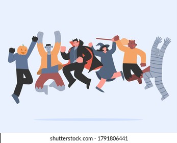People group in Halloween fancy clothes jumping in the air for holiday celebrations with happy. Frankenstein, Vampire, Mummy, witch, and werewolf in cheerful action.