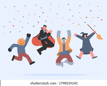 People group in Halloween fancy clothes jumping in the air with ribbon for holiday celebrations with happy. Vampire, Frankenstein, witch, and pumpkin monster in team congratulation action.