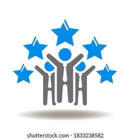 People group with hands up and five stars icon vector. Customer Feedback Sign. Rating, Assessment Symbol. Client Satisfaction Logo.