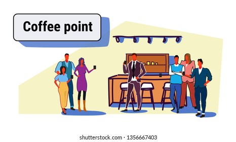 people group having break drinking and discussing coffee point concept businesspeople holding hot drinks male female characters full length sketch horizontal