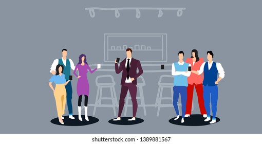 people group having break drinking and discussing together coffee point concept businesspeople holding hot drinks modern cafe interior full length sketch horizontal