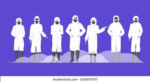 people group in hazmat suits and protection masks to prevent epidemic MERS-CoV wuhan coronavirus 2019-nCoV pandemic medical health risk full length horizontal vector illustration
