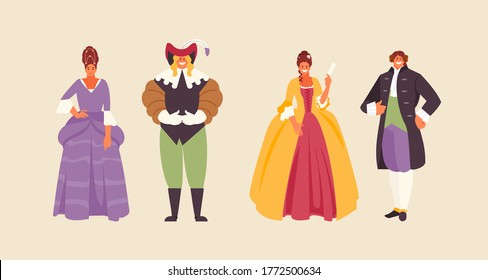 People group in historical costumes of the 17th and 18th century. Baroque and Rococo fashion vector illustration