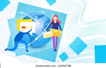 People Group Holding Envelope Message Social Network Communication Flat Vector Illustration