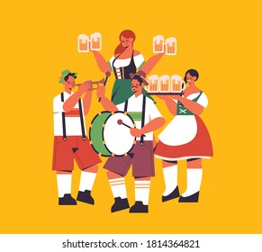 people group holding mugs and playing musical instruments beer festival Oktoberfest party celebration concept mix race friends having fun full length vector illustration