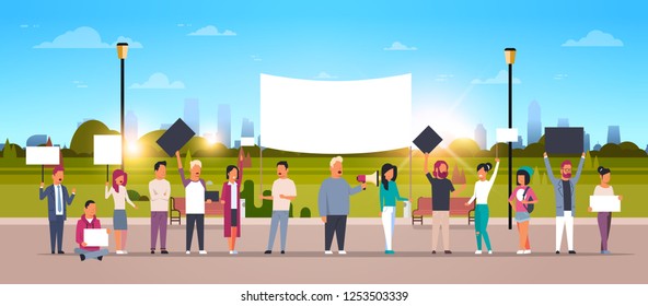 people group holding placards and megaphone cityscape background protesting concept full length cartoon characters crowd horizontal flat