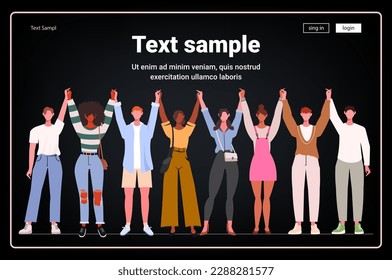 People group holding raised hands. Unity and support between colleagues. Concept of teamwork, cooperation, partnership, friendship, diversity or community. Modern concept for website development