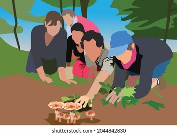 People in group hunting foraging for wild mushrooms on the ground