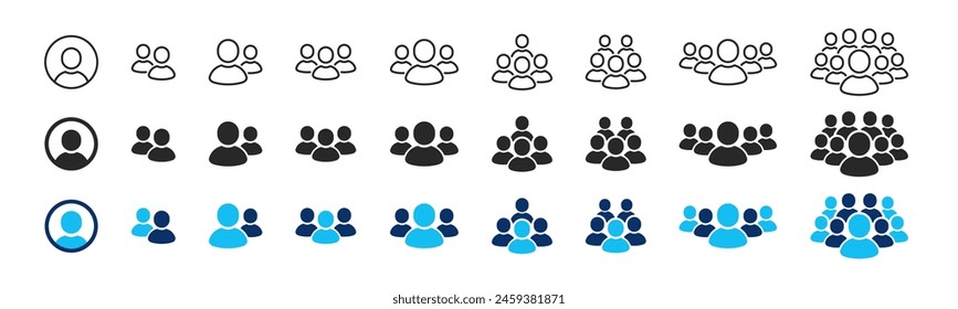 Conjunto de iconos de grupo de Personas. Persona líder, multitud de personas. Símbolo de avatar de foto de perfil de usuario. Marcador de posición de hombre, silueta de persona, avatar de foto. Grupo de personas, líderes o usuarios. Ilustración vectorial