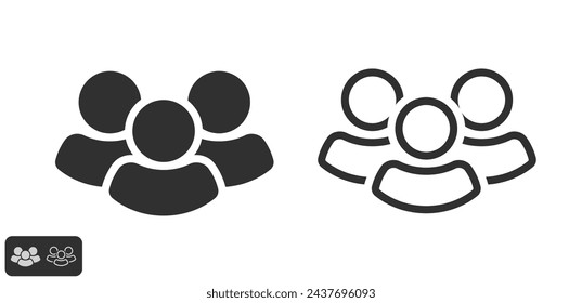 Vector de icono de grupo de personas, símbolo de equipo de empleados simple conjunto gráfico de línea de relleno blanco negro contorno de trazo, forma de silueta de personas de la multitud, usuarios o clientes pictograma social imagen clipart