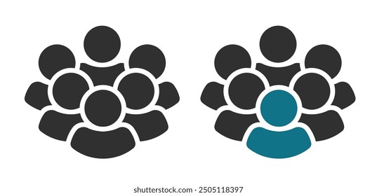 People group icon vector, user crowd silhouette symbol, team staff graphic simple pictogram modern design, unity network shape image, unique person leader concept, leadership boss clip art set