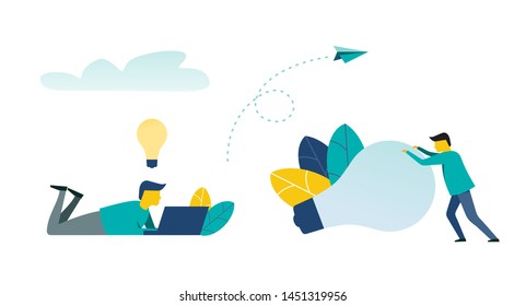 People group illustration. Man works at the computer lying and man pushing lamp