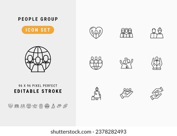 People Group Includes Mankind, Multicultural, Senior, Population and Humanitarian. Line Icons Set. Editable Stroke Vector Stock. 96 x 96 Pixel Perfect.