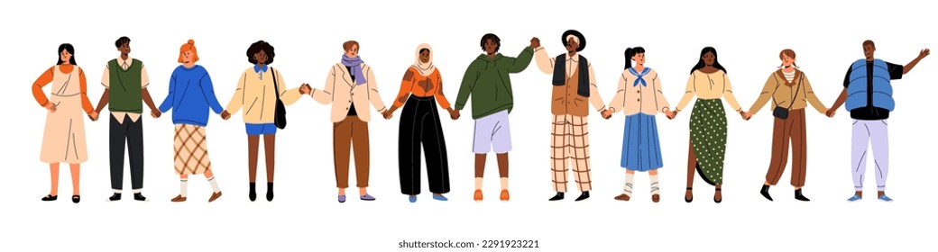 Grupo de personas, comunidad internacional de pie en fila, tomándose de la mano. Unidad multiétnica, sociedad diversa. Concepto de hermandad. Ilustración vectorial gráfica plana aislada en fondo blanco