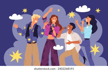 People group in karaoke club. Friends sing song together. Performance by amateur vocalists. Music competition. Nightclub entertainment. Men or women at discotheque