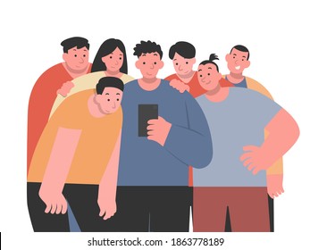 People group looking at one smartphone. Concept Illustration about meet friends and say hello by video call online, Group together.