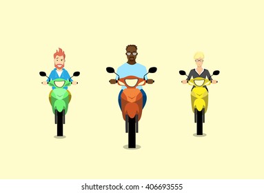 People Group Man Ride Motorcycle Scooter Flat Vector Illustration