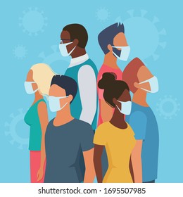 People group in masks in circle flat virus character concept vector illustration. Multiracial men, women in casual clothes on blue background stand back to back to defend each other from danger.
