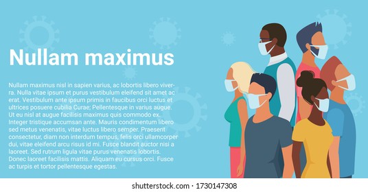 People group in masks flat virus character wide banner panorama concept vector illustration. Multiracial men, women in casual clothes stand back to back to defend each other from pandemic danger.