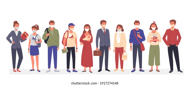 People group in medical mask vector illustration. Cartoon man woman characters standing together, wearing various casual clothes and protective mask to protect against coronavirus isolated on white