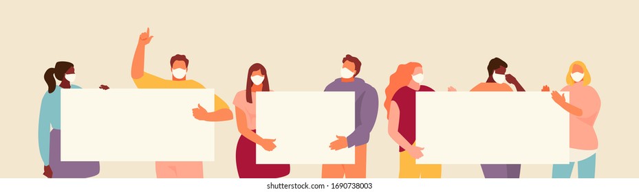 People group in medical masks with posters. Coronavirus epidemic warning. Vector template with place for text