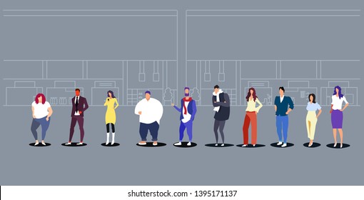 people group in modern shopping mall supermarket retail store interior casual men women standing together full length sketch doodle horizontal