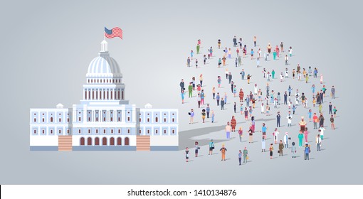 people group near capitol building united states of america senate house washington DC different occupation employees mix race workers crowd election day concept horizontal full length flat