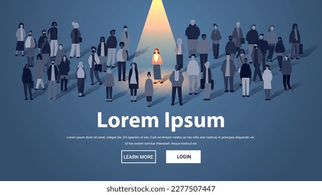 people group near spotlight businesswoman leader silhouette creative person standing out from grey crowd think different