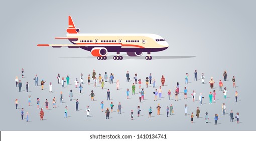 people group on airport terminal with aircraft flying plane different occupation employees mix race workers crowd passengers transportation concept horizontal full length flat