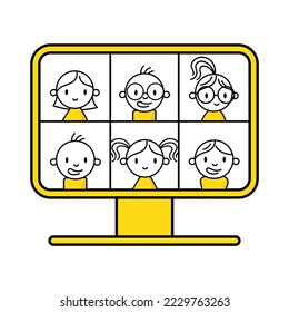 People group on computer screen taking with colleague. Videoconferencing and online meeting workspace concept. Vector stock illustration