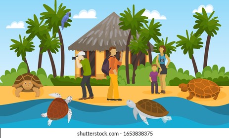 People Group On Excursion Watching Wild Turtles On Ocean Sea Shore Vector Illustration. Tourists Vacation Trip To Tropical Exotic Island With Marine Animals Turtles. Palm Trees, Bungalow, Parrot.