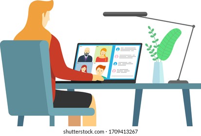 People group on laptop screen taking part online conference. Virtual work meeting and distance education webinar or videoconferencing. Video conferencing and web communication with company employees