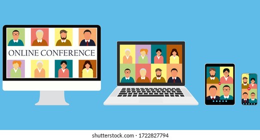 People group on laptop screen taking part in online conference. call screen template. Illustration of webinar, online conference and training