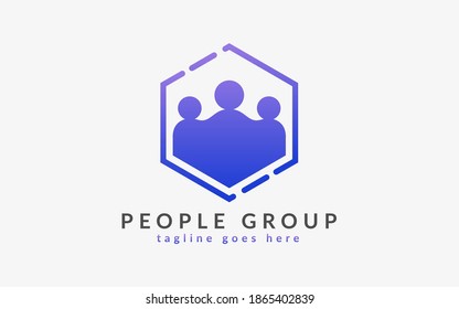 People Group on Purple Hexagon Shape. Flat Vector Logo Design Illustration.