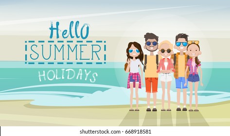 People Group On Summer Beach Vacation Concept Seaside Tropical Holiday Banner Flat Vector Illustration