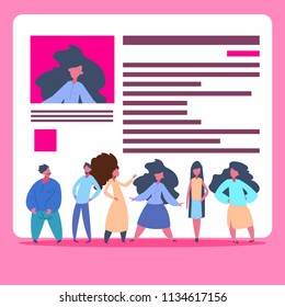 people group over cv resume team choosing female candidate for vacancy job position recruitment concept flat vector illustration