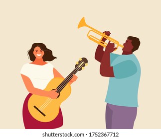 People group playing various musical instruments. Concert and festival vector illustration, part I