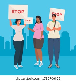 people group with protests placards, group people holding banners, activists with strike manifestation sign, human right concept vector illustration design