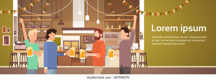 People Group Pub Interior Saint Patrick Day Celebration, Party Beer Festival Banner Flat Vector Illustration