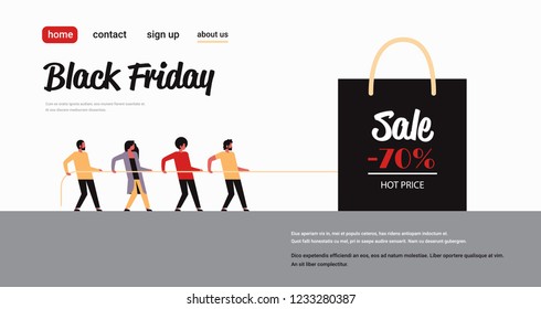 people group pulling shopping bag with big sale sign black friday special offer super sale holiday promotion discount concept flat horizontal copy space vector illustration
